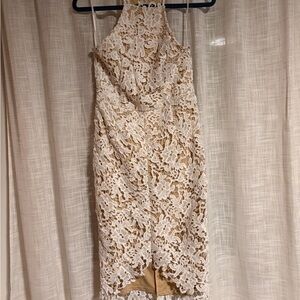 Lulu's Cream Lace Midi Dress with White Floral Overlay